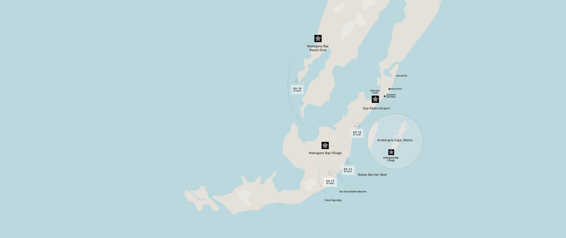 Map showing Mahogany Bay Resort & Beach Club in reference to local places