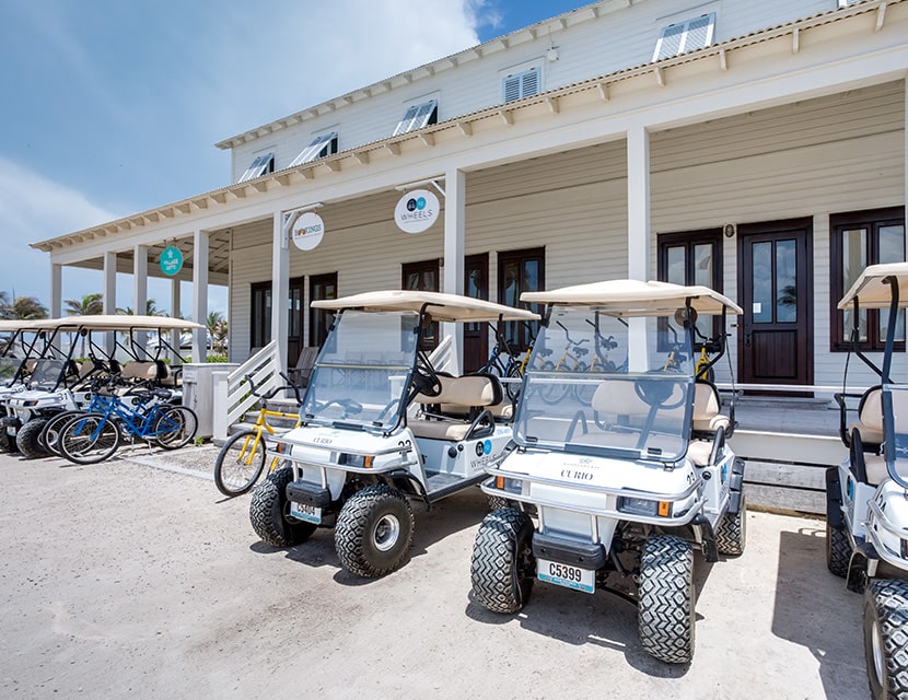 Golf cart rentals at Wheels located in the village at Mahogany Bay Resort & Beach Club